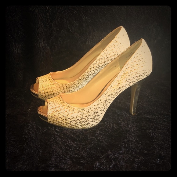 Gold Peep Toe Pumps - Picture 1 of 7